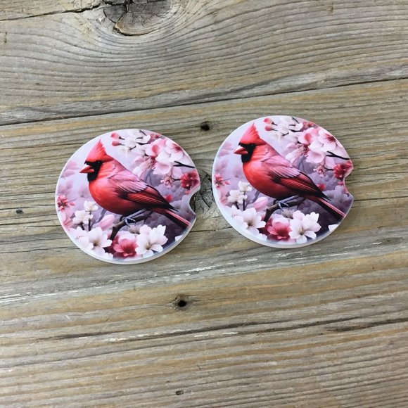 Male Cardinal with Flowers Car Coasters - Set of 2 - Picture 2 of 7